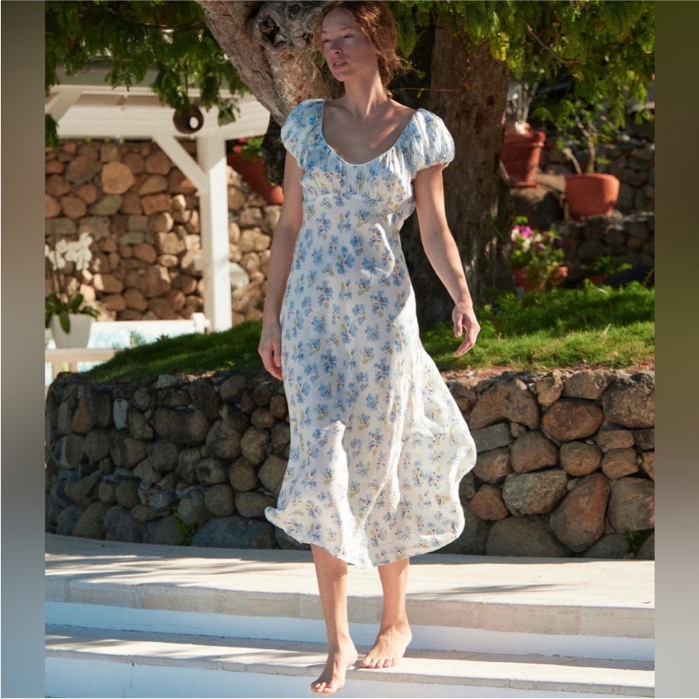 Doen White Floral Midi Dress with Blue Print